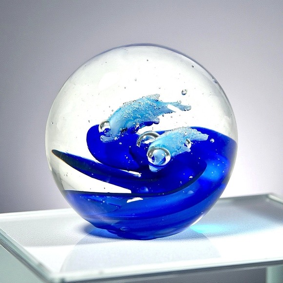 Dynasty Heirloom Collectibles Glass Paperweight Dolphins Swimming Ocean Waves 3" - Picture 1 of 13